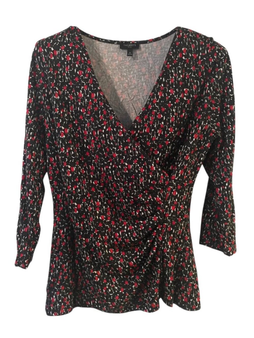 Talbot's 3/4 Sleeve V Neck Side Gather Blue/Red Blouse Petite Small